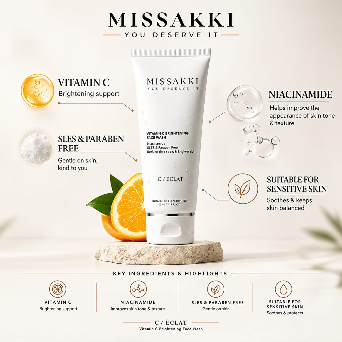 Vitamin C & Niacinamide Face Wash | For Skin Brightening, Glowing| Dullness Reduction| Hydrates | Suitable For Oily, Dry & Sensitive Skin FACE WASH (100 ml)
